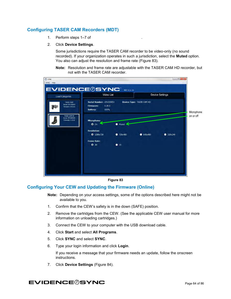 Configuring taser cam recorders (mdt) | Taser Evidence-Sync User Manual | Page 64 / 86