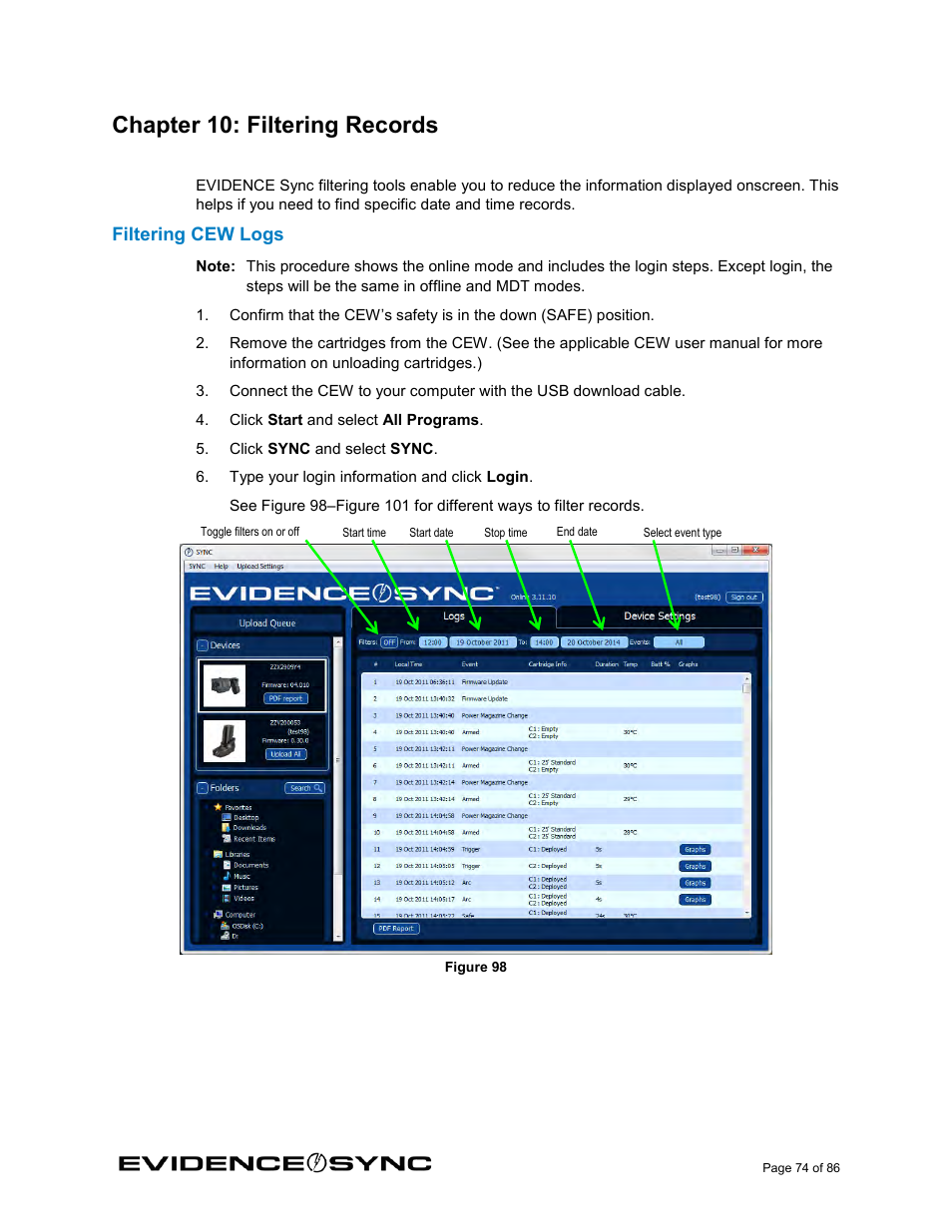 Chapter 10: filtering records, Filtering cew logs | Taser Evidence-Sync User Manual | Page 74 / 86