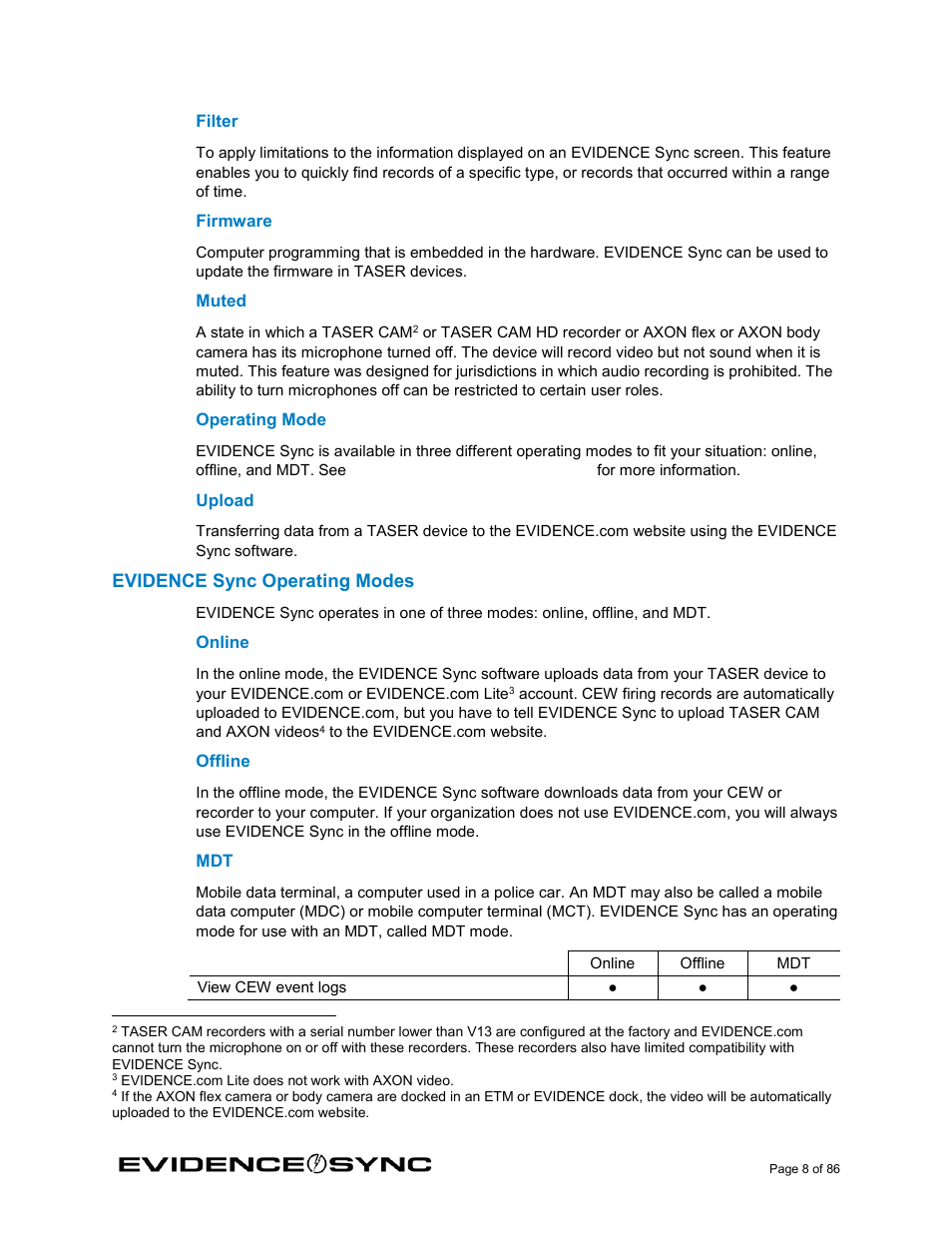 Filter, Firmware, Muted | Operating mode, Upload, Evidence sync operating modes, Online, Offline | Taser Evidence-Sync User Manual | Page 8 / 86