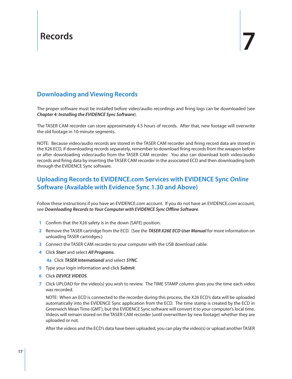 Records, Downloading and viewing records | Taser CAM User Manual | Page 17 / 26