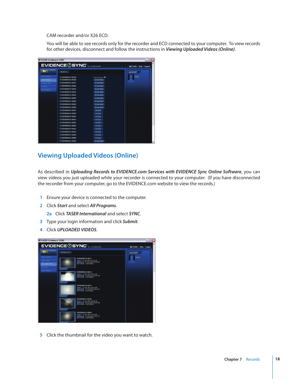 Viewing uploaded videos (online) | Taser CAM User Manual | Page 18 / 26