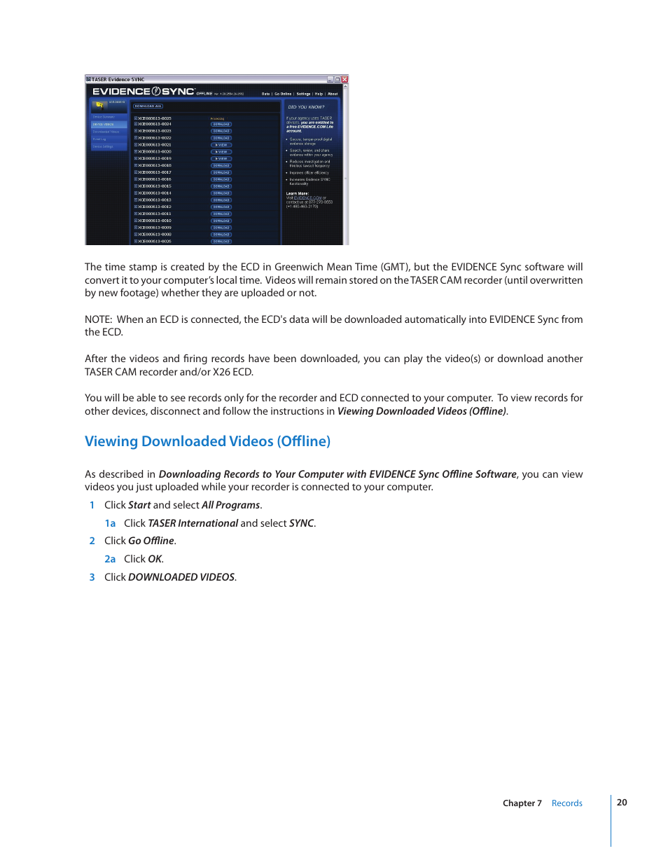 Viewing downloaded videos (offline) | Taser CAM User Manual | Page 20 / 26