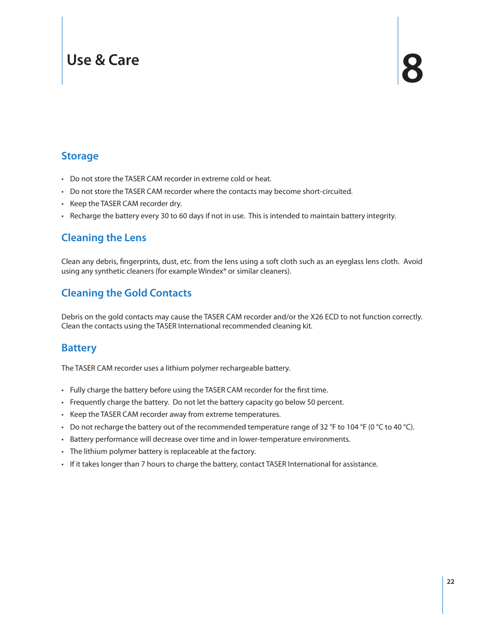 Use & care | Taser CAM User Manual | Page 22 / 26