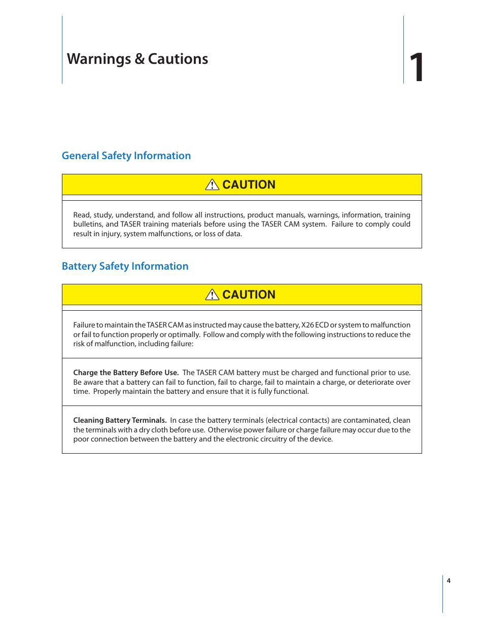 Warnings & cautions | Taser CAM User Manual | Page 4 / 26