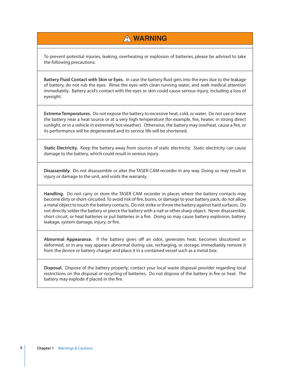 Warning | Taser CAM User Manual | Page 5 / 26