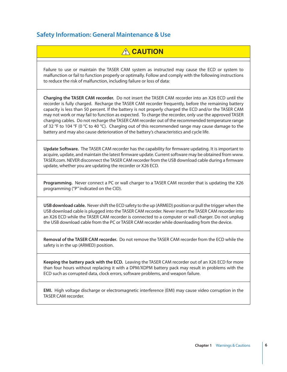 Caution, Safety information: general maintenance & use | Taser CAM User Manual | Page 6 / 26