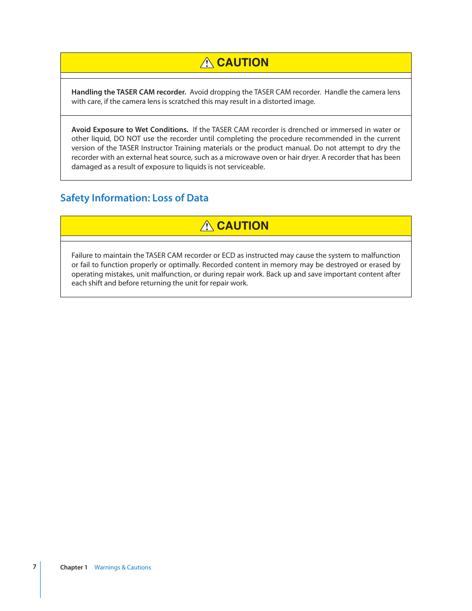 Caution, Safety information: loss of data | Taser CAM User Manual | Page 7 / 26