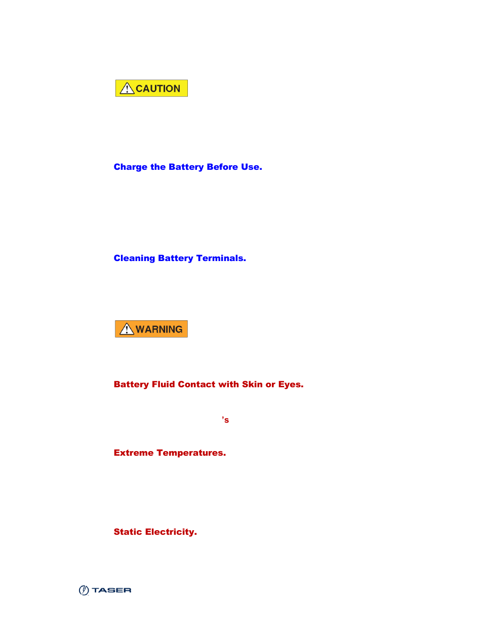 Battery safety information | Taser CAM-HD User Manual | Page 5 / 48