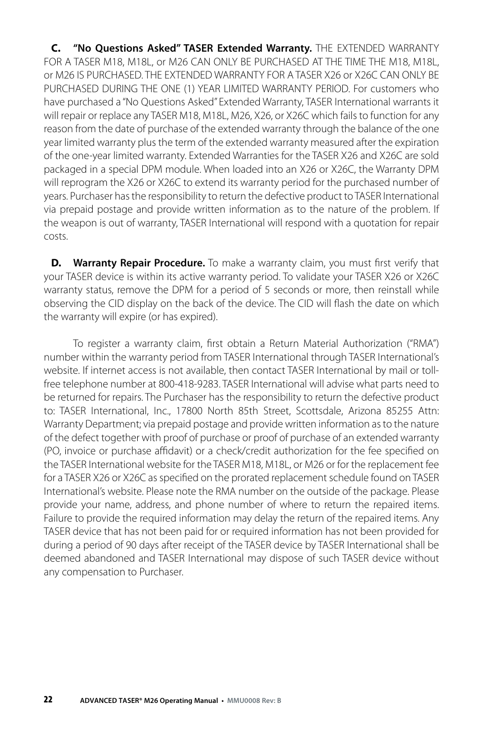 Taser M26 User Manual | Page 22 / 24