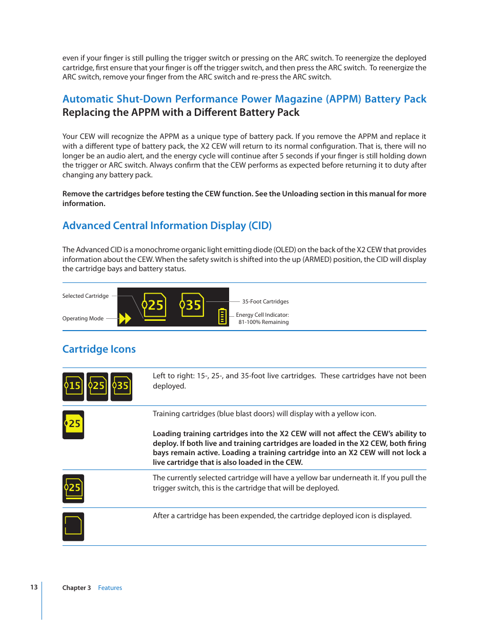 Advanced central information display (cid), Cartridge icons | Taser X2 User Manual | Page 13 / 55