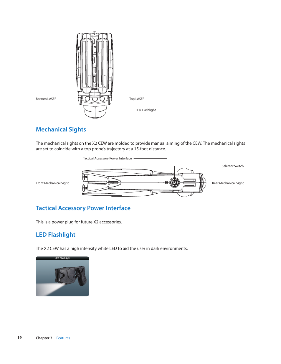 Mechanical sights, Tactical accessory power interface, Led flashlight | Taser X2 User Manual | Page 19 / 55