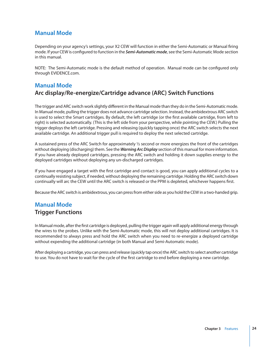 Manual mode, Manual mode trigger functions | Taser X2 User Manual | Page 24 / 55