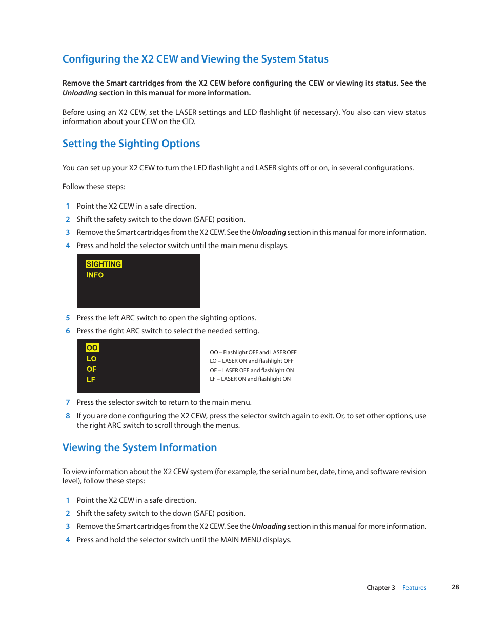 Setting the sighting options, Viewing the system information | Taser X2 User Manual | Page 28 / 55