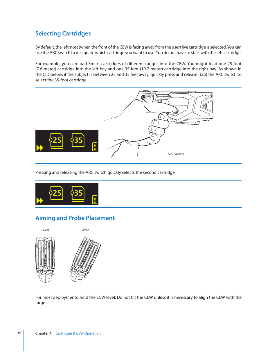 Selecting cartridges, Aiming and probe placement | Taser X2 User Manual | Page 39 / 55