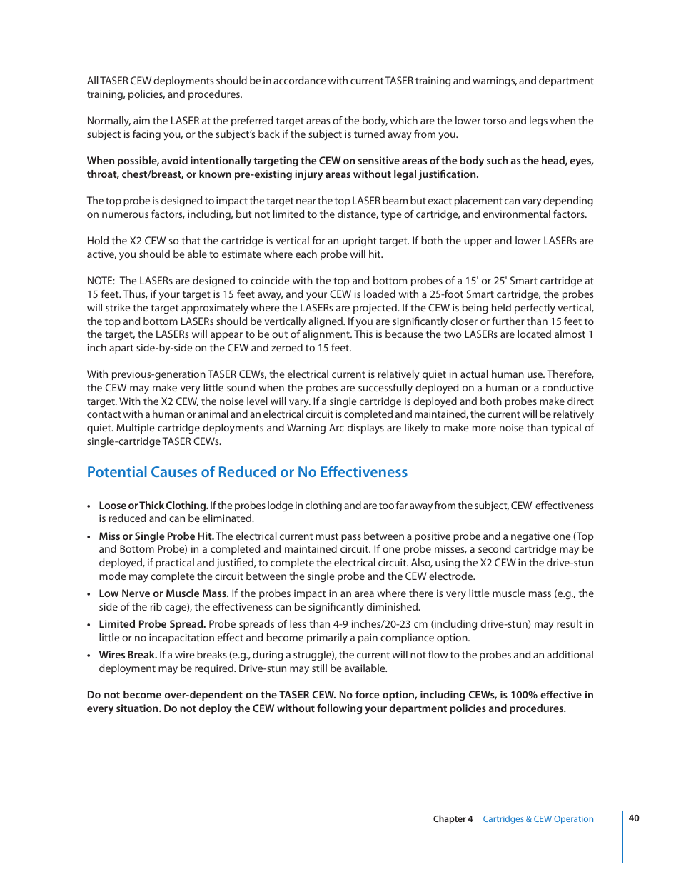 Potential causes of reduced or no effectiveness | Taser X2 User Manual | Page 40 / 55