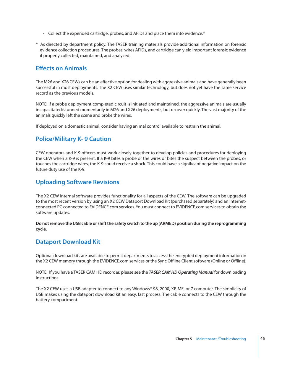 Effects on animals, Police/military k- 9 caution, Uploading software revisions | Dataport download kit | Taser X2 User Manual | Page 46 / 55