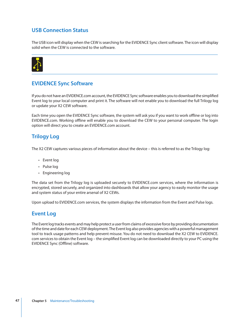 Usb connection status, Evidence sync software, Trilogy log | Event log | Taser X2 User Manual | Page 47 / 55