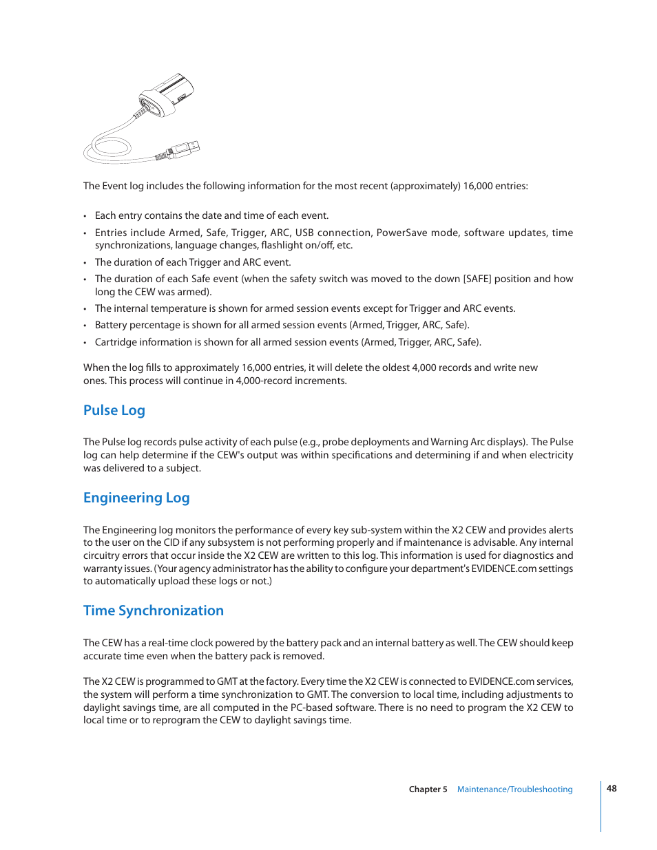 Pulse log, Engineering log, Time synchronization | Taser X2 User Manual | Page 48 / 55