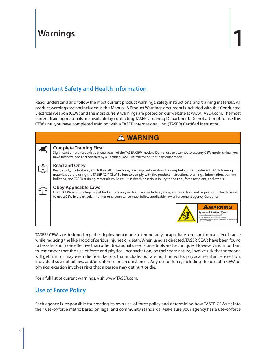 Warnings, Warning, Important safety and health information | Use of force policy | Taser X2 User Manual | Page 5 / 55