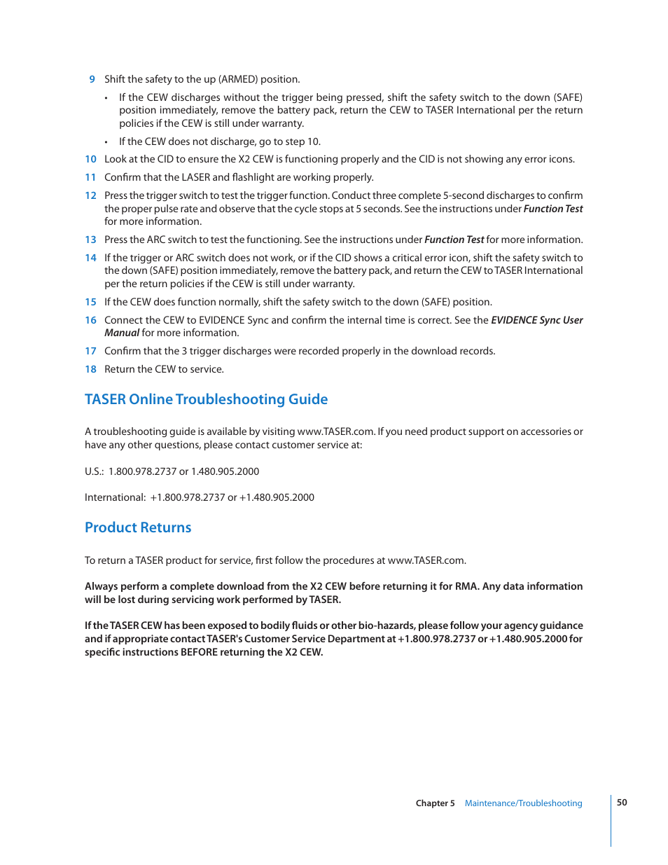 Taser online troubleshooting guide, Product returns | Taser X2 User Manual | Page 50 / 55
