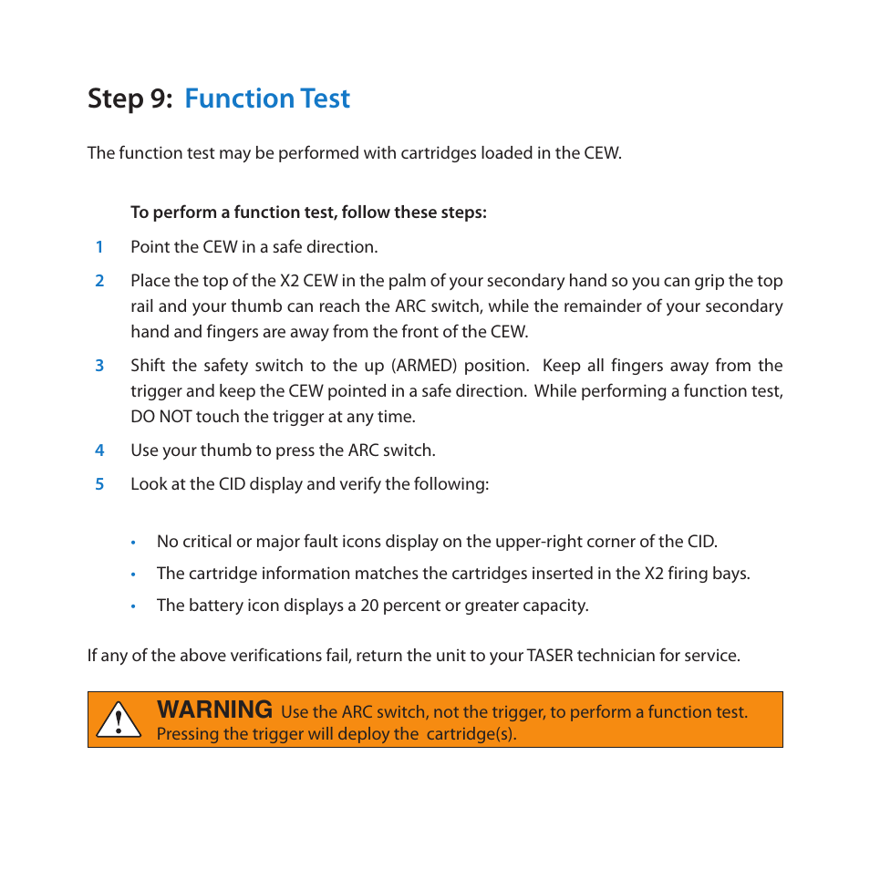 Step 9: function test, Warning | Taser X2 User Manual | Page 12 / 18