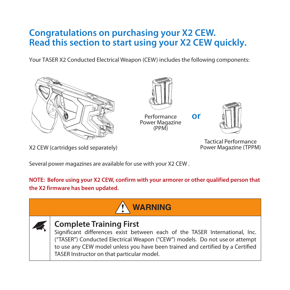 Complete training first, Warning | Taser X2 User Manual | Page 2 / 18