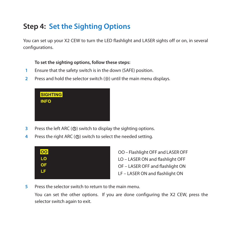 Step 4: set the sighting options | Taser X2 User Manual | Page 6 / 18