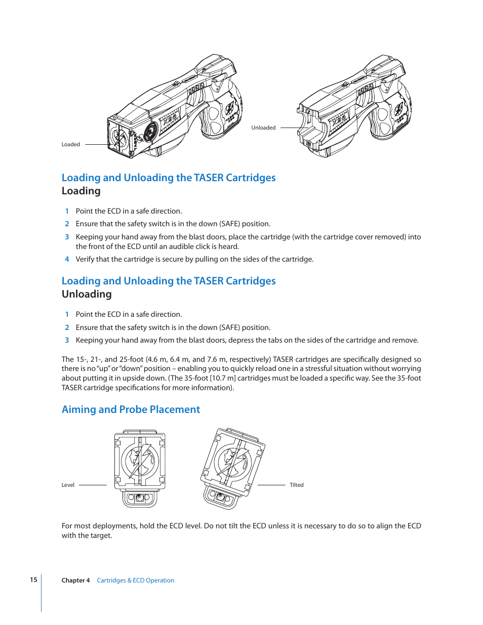 Loading and unloading the taser cartridges loading, Aiming and probe placement | Taser X26 User Manual | Page 15 / 28