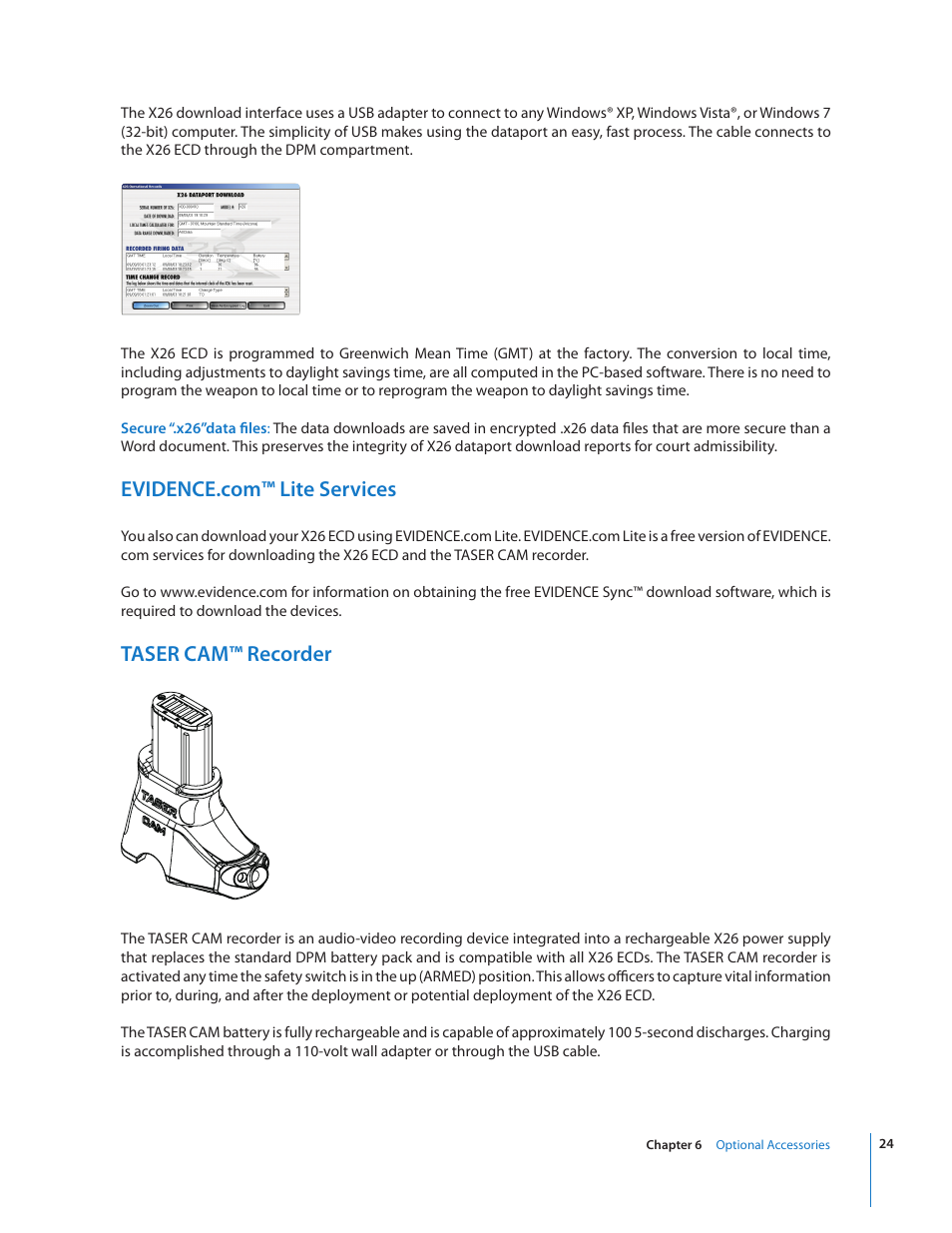 Taser cam™ recorder | Taser X26 User Manual | Page 24 / 28