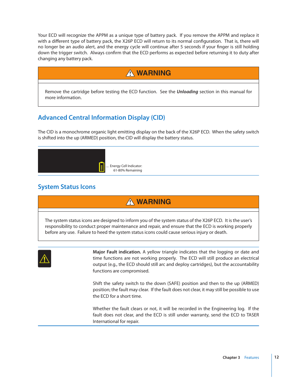 Warning, Advanced central information display (cid), System status icons | Taser X26P User Manual | Page 12 / 34