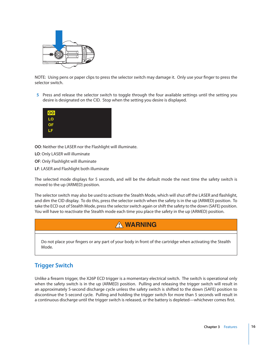 Warning, Trigger switch | Taser X26P User Manual | Page 16 / 34