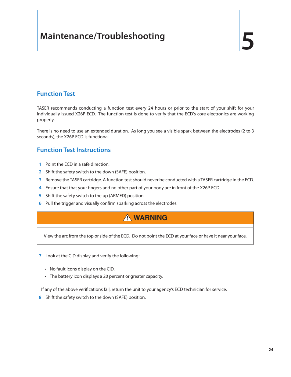 Maintenance/troubleshooting, Warning | Taser X26P User Manual | Page 24 / 34