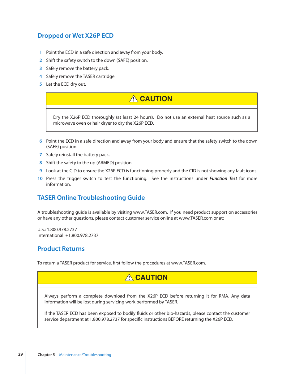 Caution, Dropped or wet x26p ecd, Taser online troubleshooting guide | Product returns | Taser X26P User Manual | Page 29 / 34