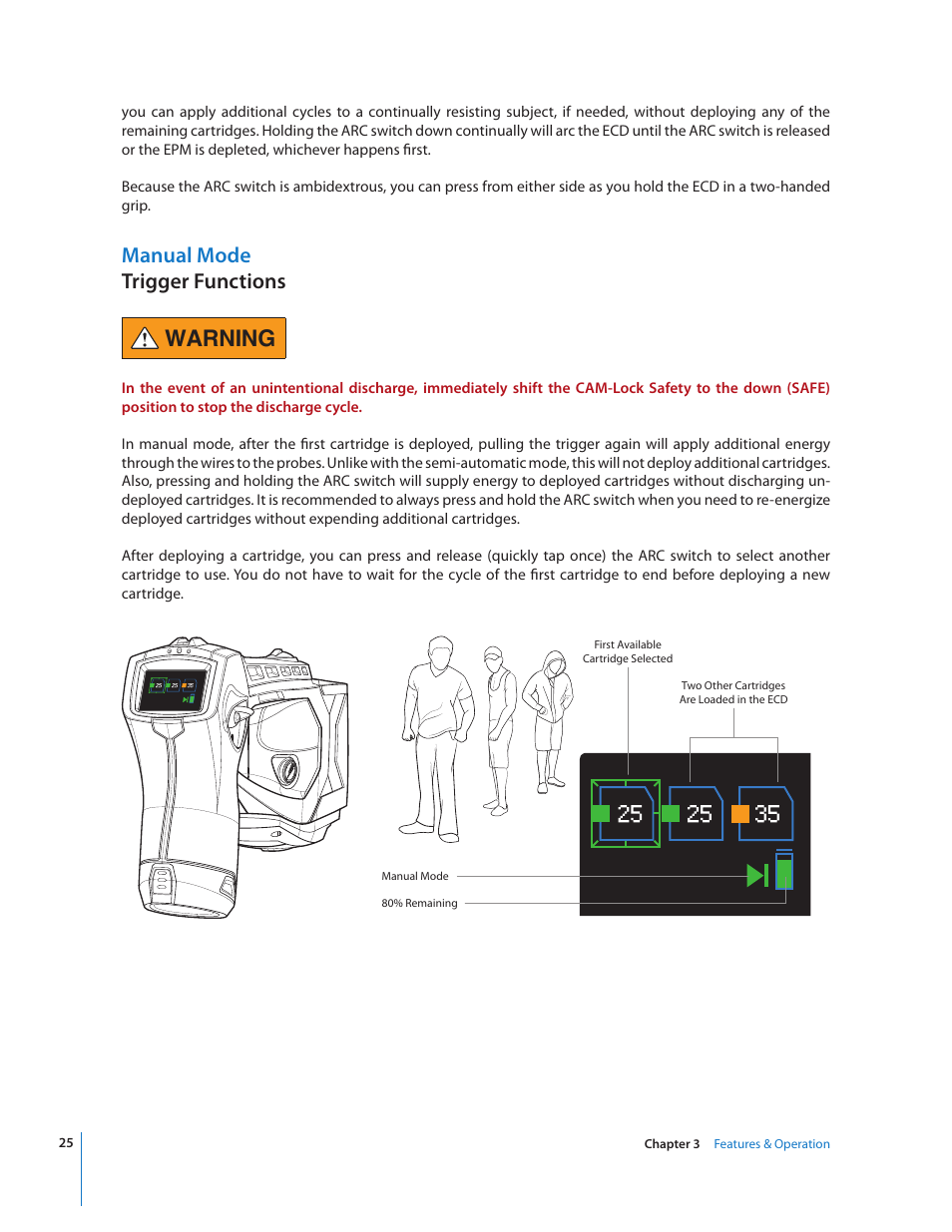 Warning, Manual mode trigger functions | Taser X3 User Manual | Page 25 / 63