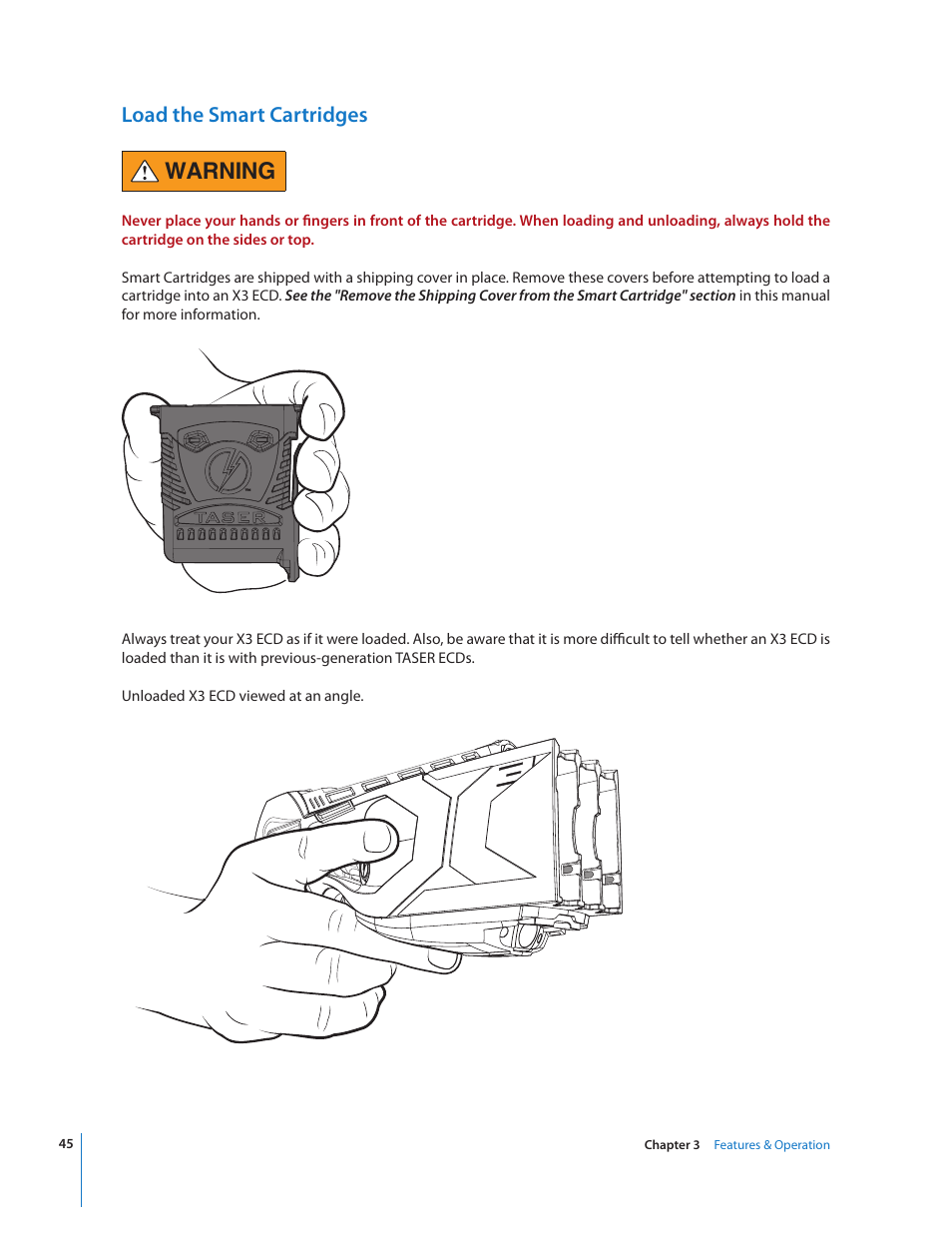 Warning, Load the smart cartridges | Taser X3 User Manual | Page 45 / 63