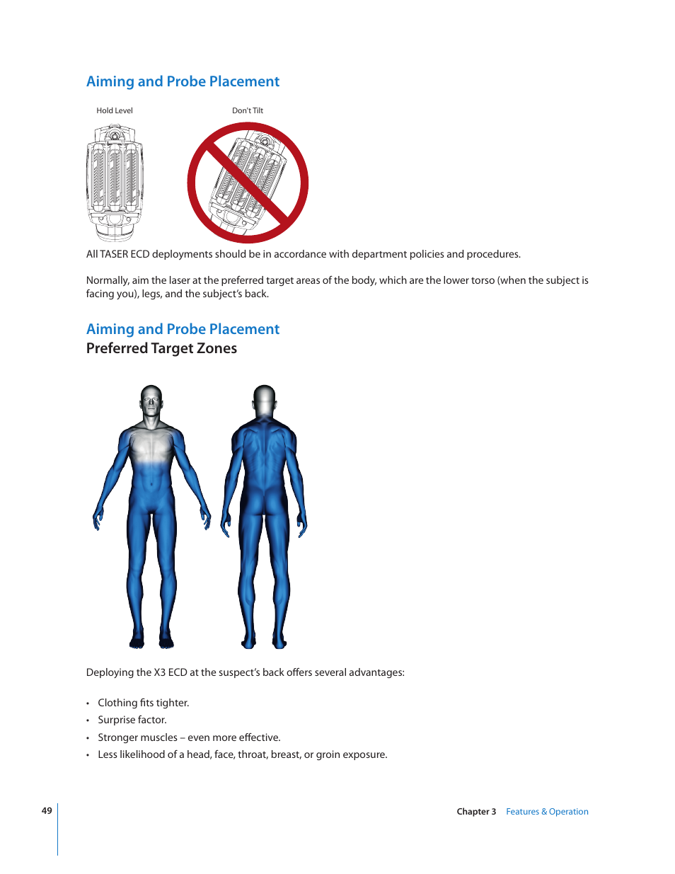 Aiming and probe placement, Aiming and probe placement preferred target zones | Taser X3 User Manual | Page 49 / 63