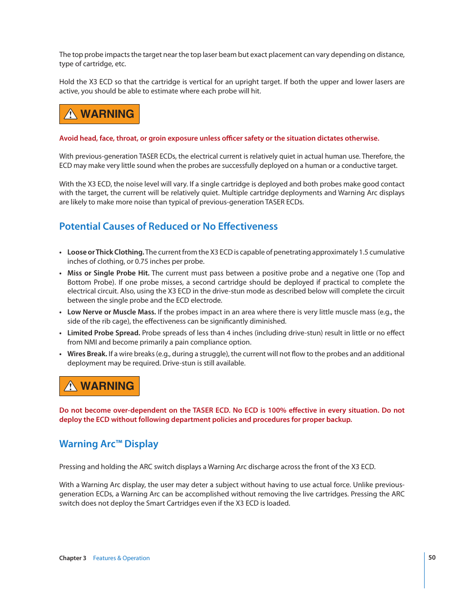 Warning, Potential causes of reduced or no effectiveness, Warning arc™ display | Taser X3 User Manual | Page 50 / 63