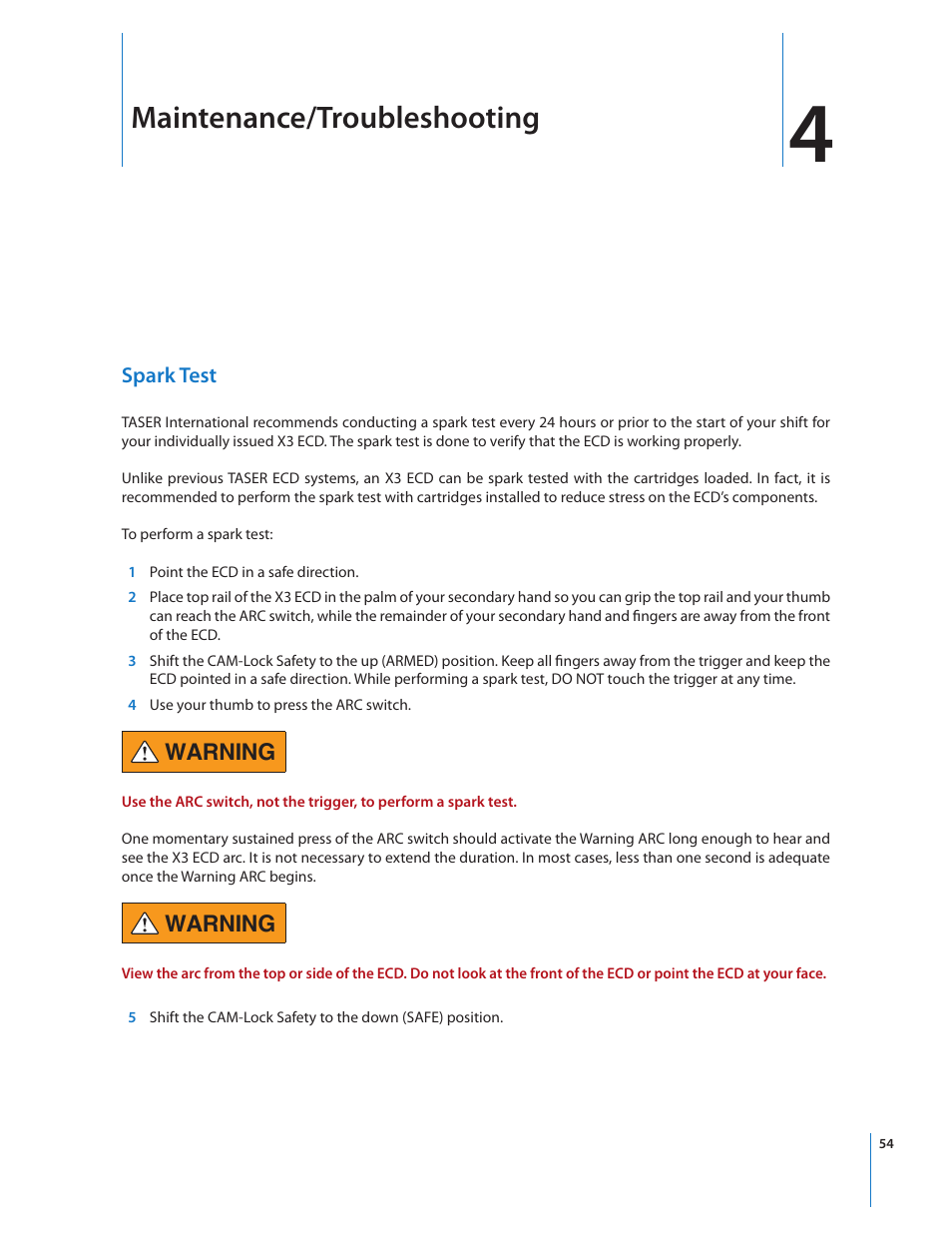 Maintenance/troubleshooting, Warning | Taser X3 User Manual | Page 54 / 63