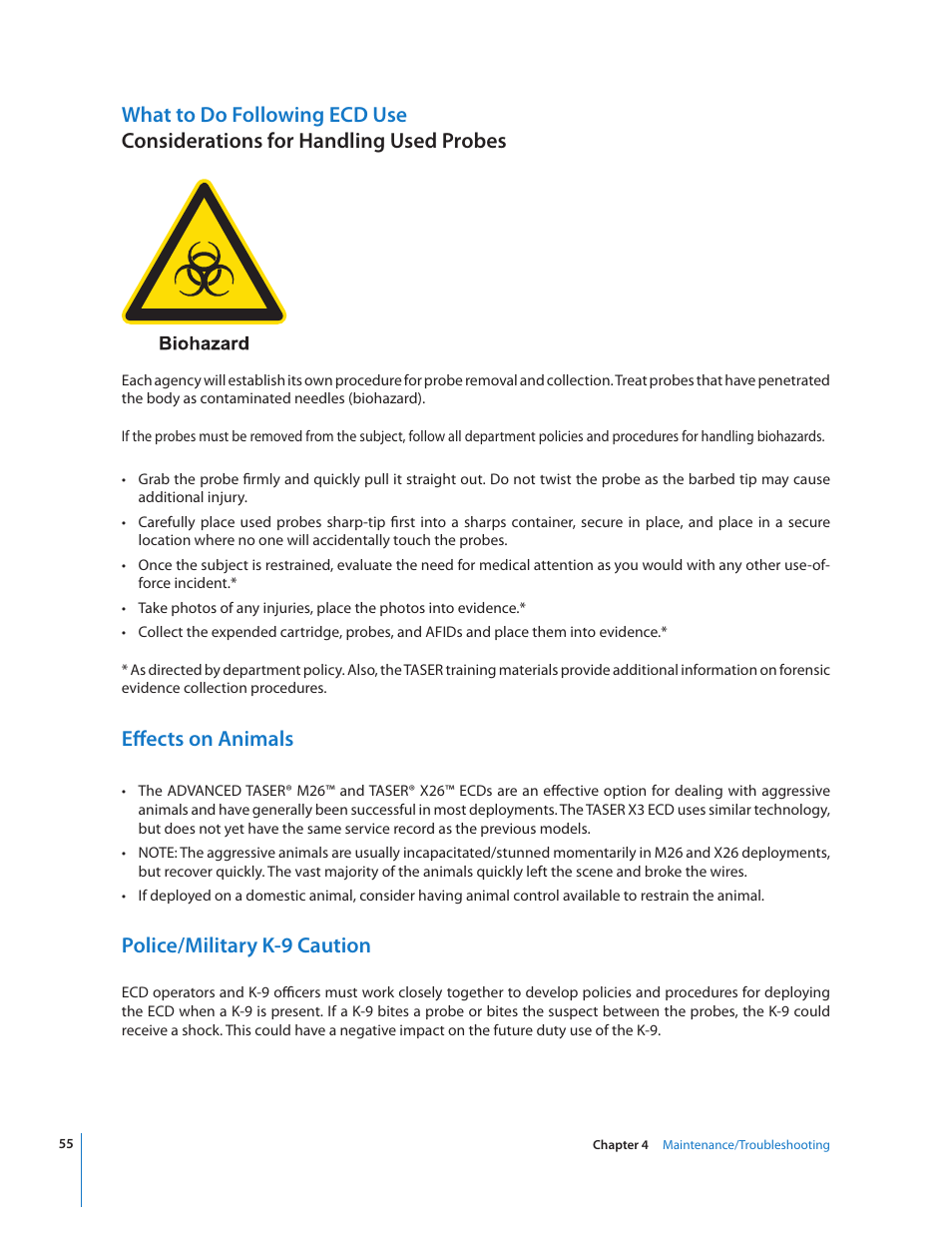 Effects on animals, Police/military k-9 caution | Taser X3 User Manual | Page 55 / 63