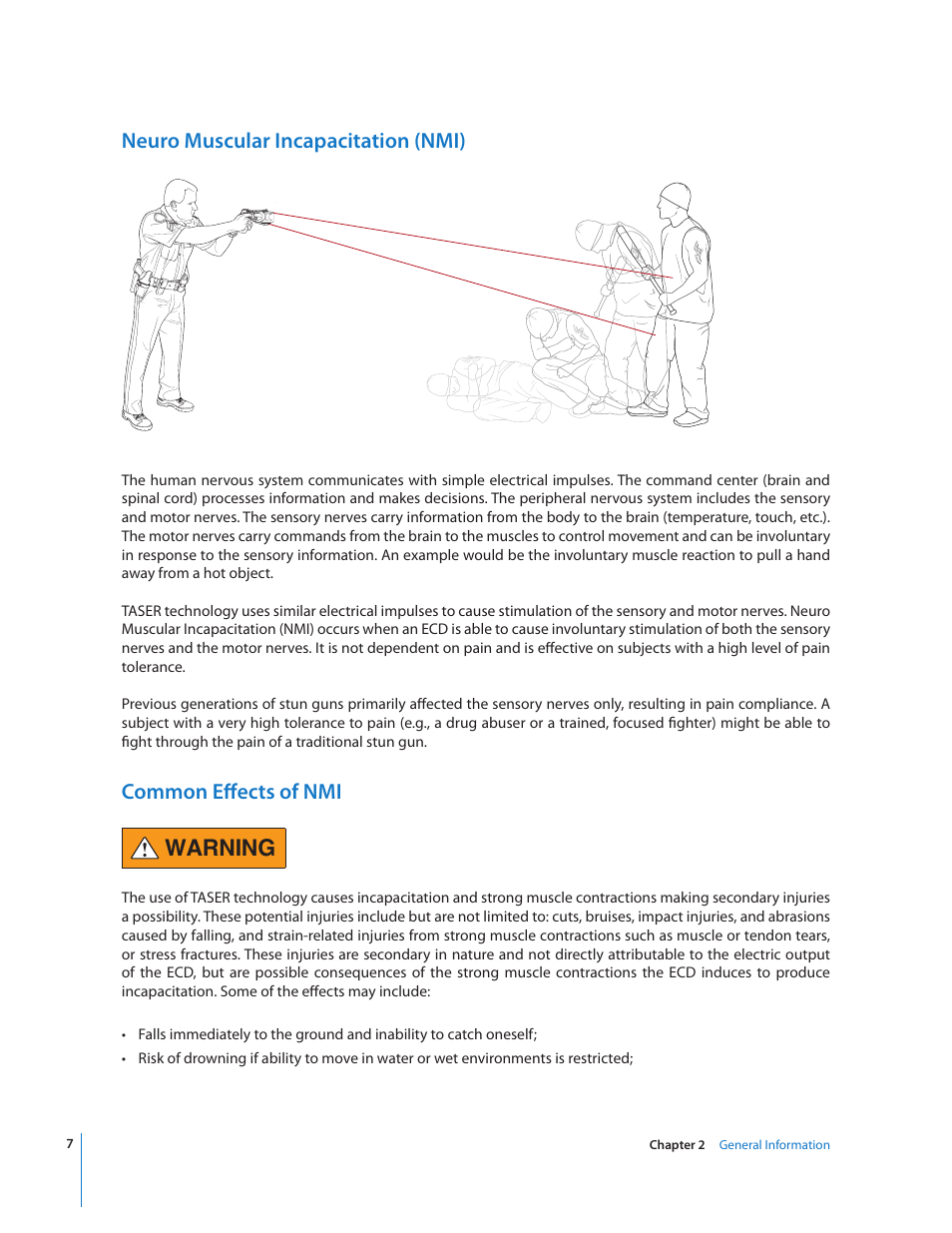 Warning, Neuro muscular incapacitation (nmi), Common effects of nmi | Taser X3 User Manual | Page 7 / 63