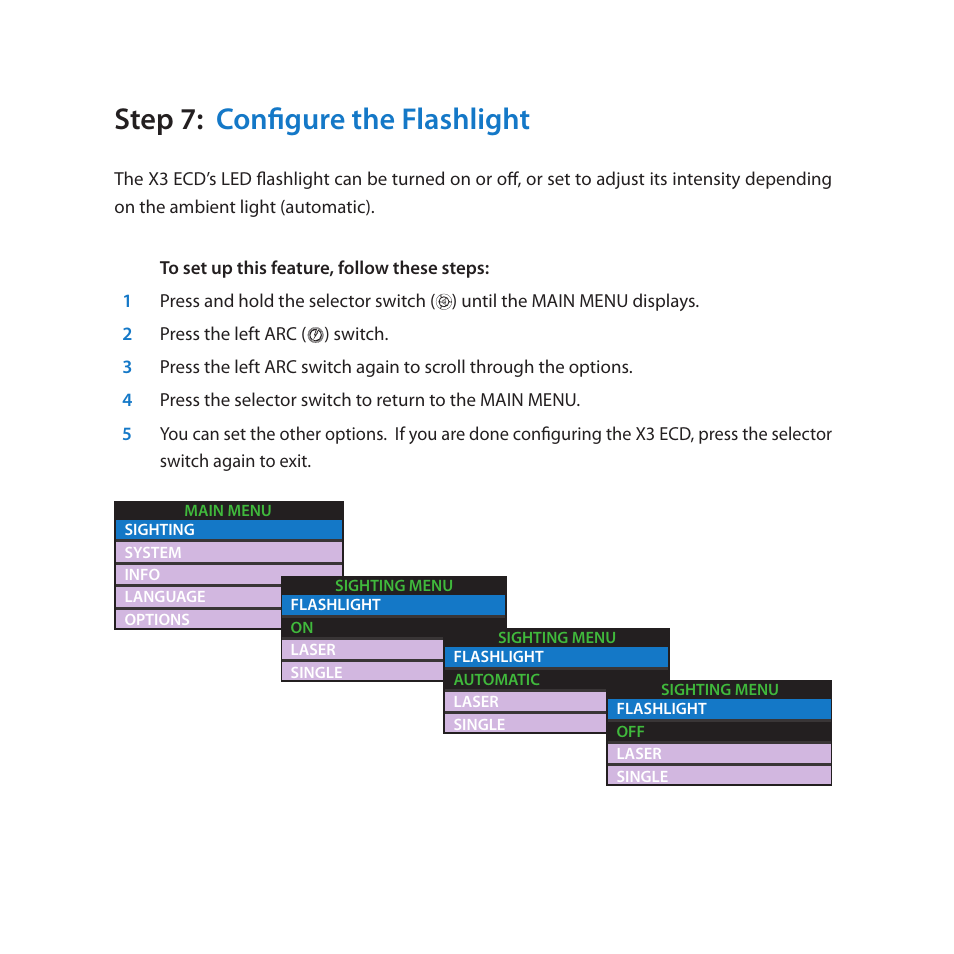 Step 7: configure the flashlight | Taser X3 User Manual | Page 10 / 20