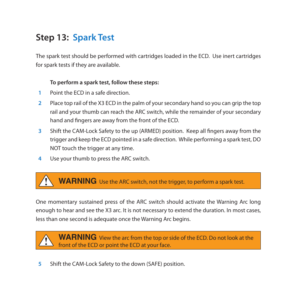 Step 13: spark test, Warning | Taser X3 User Manual | Page 17 / 20