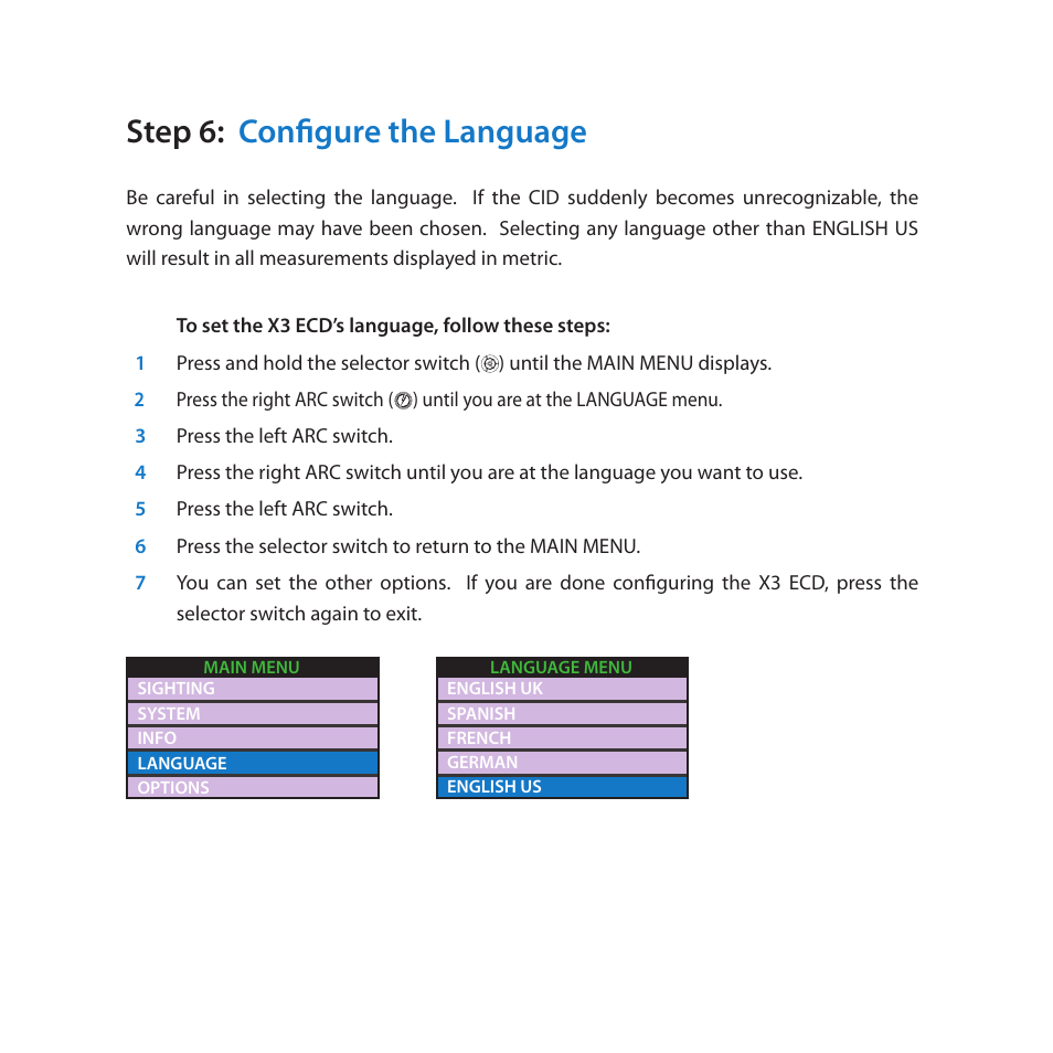 Step 6: configure the language | Taser X3 User Manual | Page 9 / 20