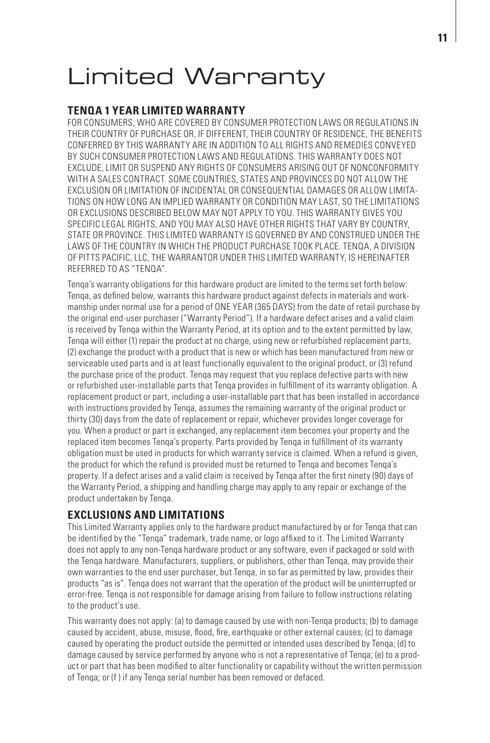Limited warranty | Tenqa HP-109 User Manual | Page 13 / 16