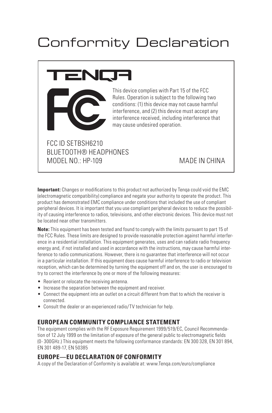 Conformity declaration | Tenqa HP-109 User Manual | Page 15 / 16