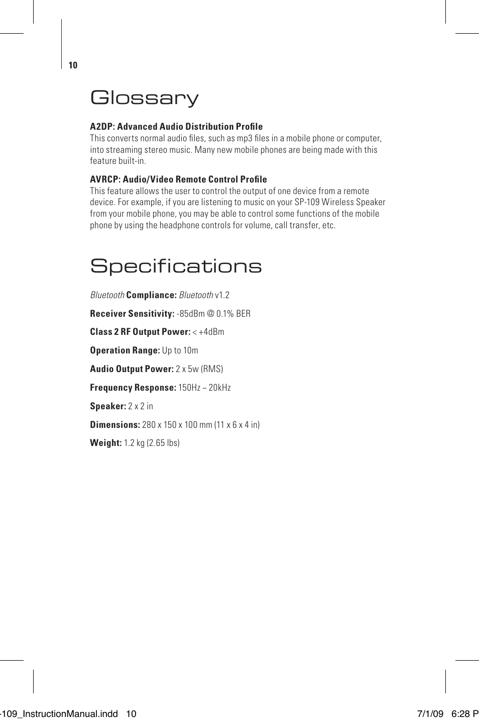 Glossary, Specifications | Tenqa SP-109 User Manual | Page 12 / 16