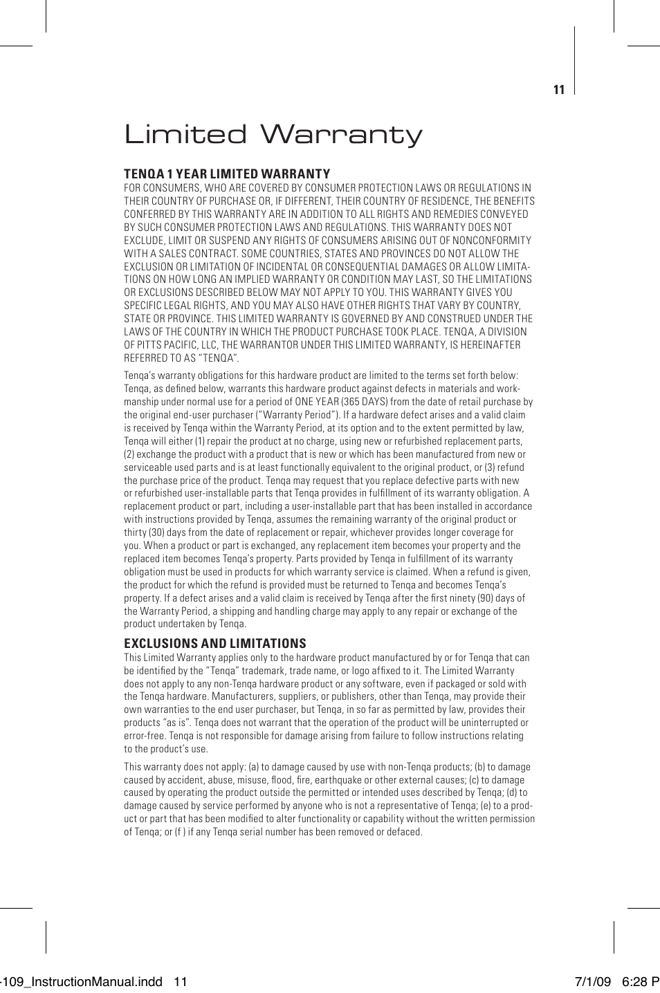 Limited warranty | Tenqa SP-109 User Manual | Page 13 / 16