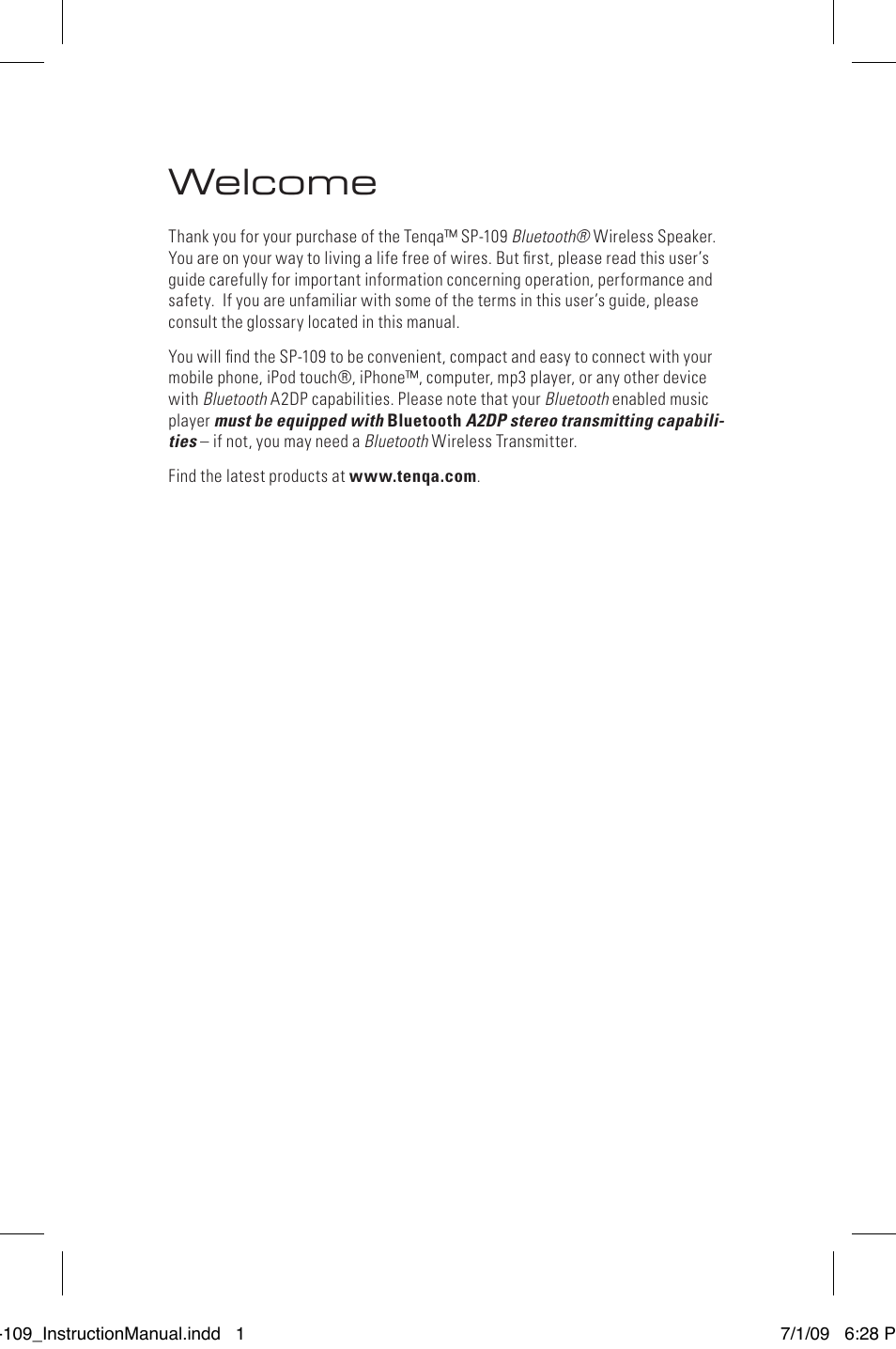 Welcome | Tenqa SP-109 User Manual | Page 3 / 16