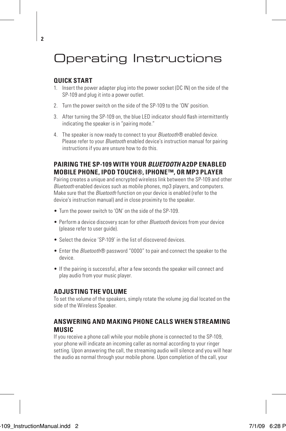 Operating instructions | Tenqa SP-109 User Manual | Page 4 / 16