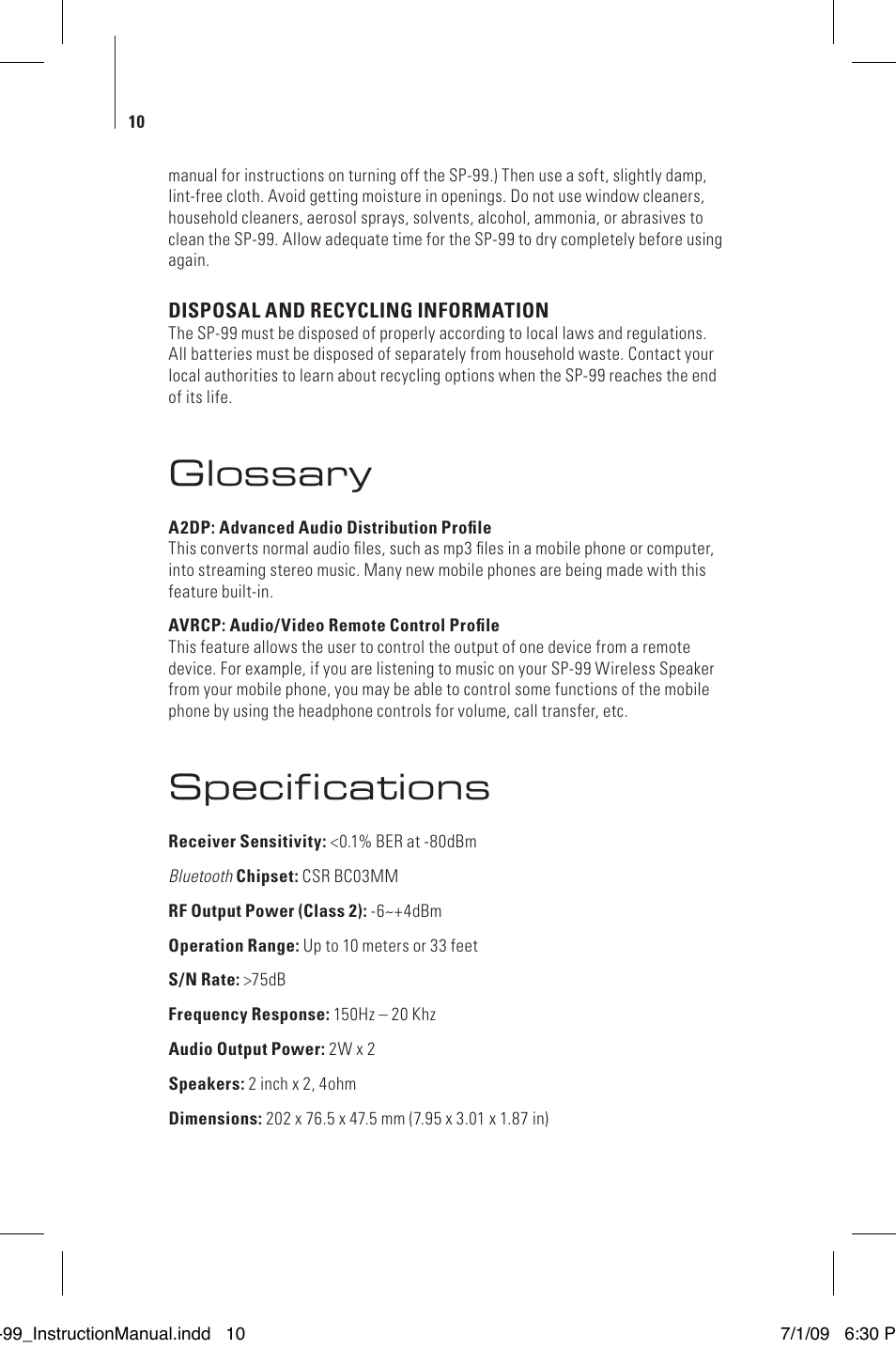 Glossary, Specifications | Tenqa SP-99 User Manual | Page 12 / 16